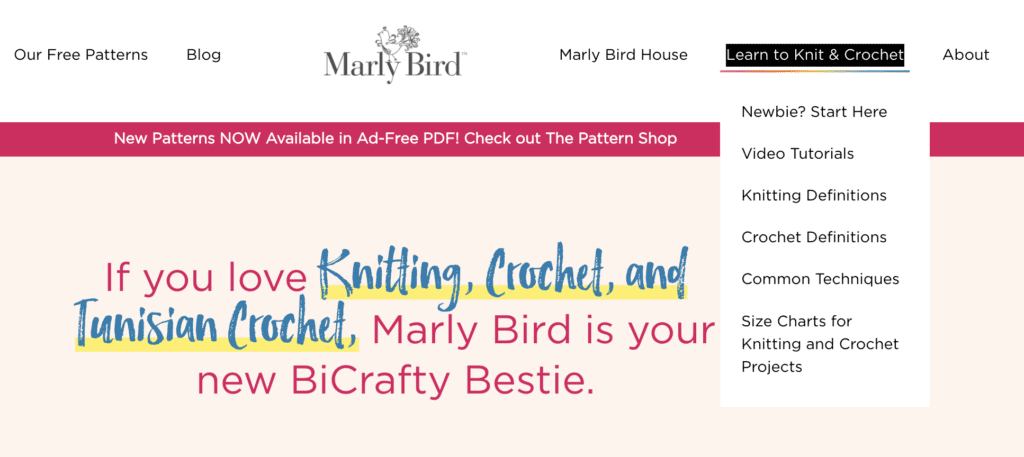 screenshot of MarlyBird.com homepage with the dropdown menu for Learn to Knit & Crochet selected. 